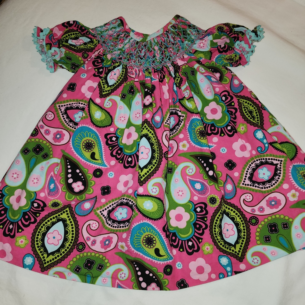 Three Sisters Colorful Pink Smocked Paisley Floral Dress